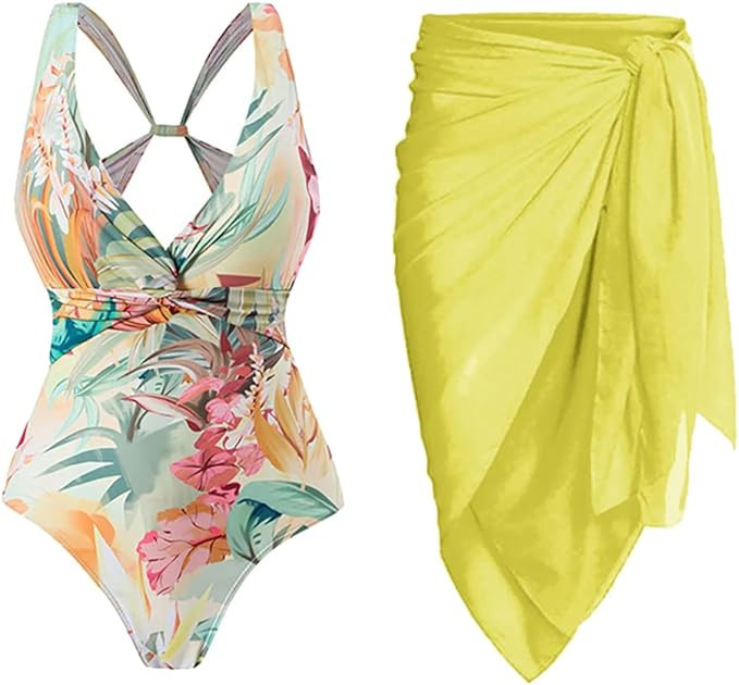 IDOPIP Women's One Piece Swimsuit with Beach Cover up Wrap Skirt Sarong Retro Floral Print Bikini... | Amazon (US)