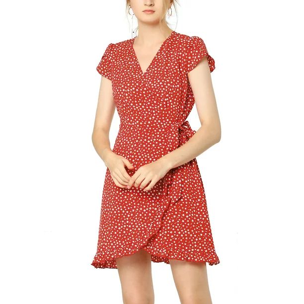 Allegra K Women's Ruffle Hem Short Sleeve Above Knee V-Neck Floral Wrap Dress | Walmart (US)