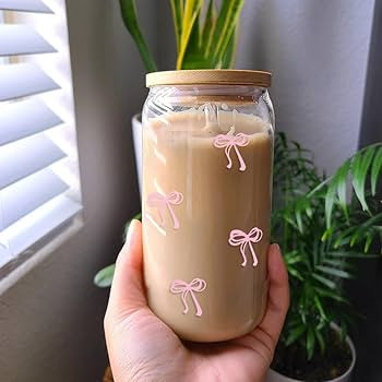Coquette Aesthetic Glass Cups with Lids and Straws-Pink Bow Iced Coffee Cup with Lid,Straw,Cleani... | Amazon (US)