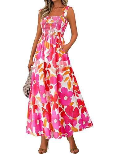 PRETTYGARDEN Womens Summer Dresses Floral Sleeveless Smocked Maxi Dress Boho Spaghetti Strap A Line Flowy Beach Long Sundress(Floral White Rose Red,Large) | Amazon (US)