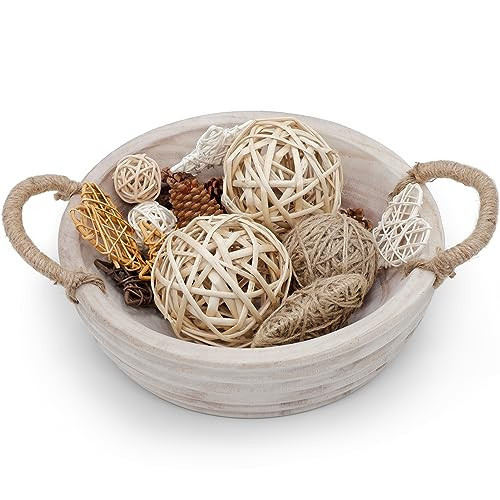 SAMGUYUE Wooden Decorative Bowls, 11.2 Inch Premium Round Serving Bowl with Rope Handles for Home Decor, Round Paulownia Wood Centerpiece Bowl for Coffee Table(Natural) | Amazon (US)
