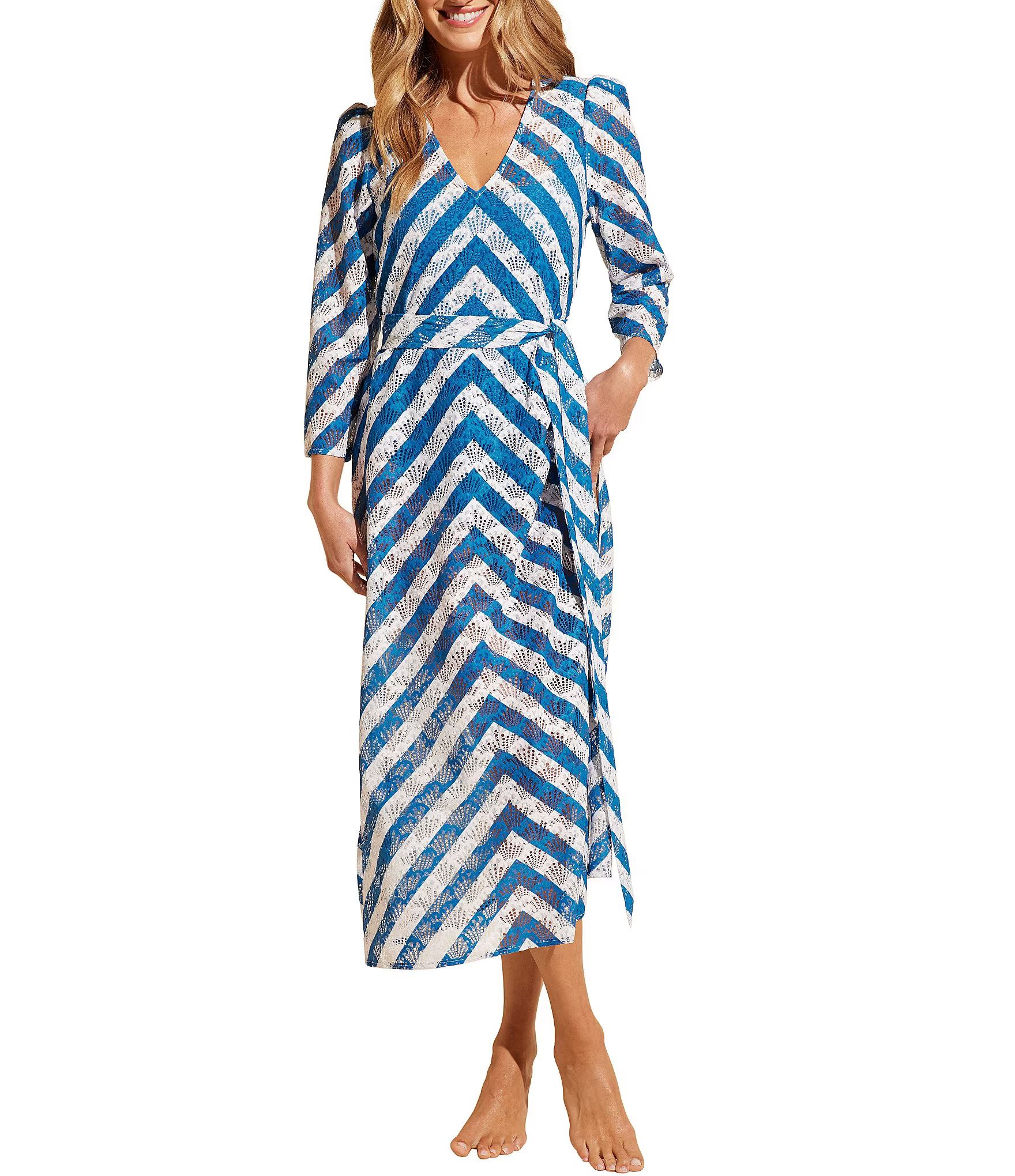 AQUALACE™ Striped Chevron Puff Sleeve Belted Caftan Swim Cover-Up Dress | Dillard's