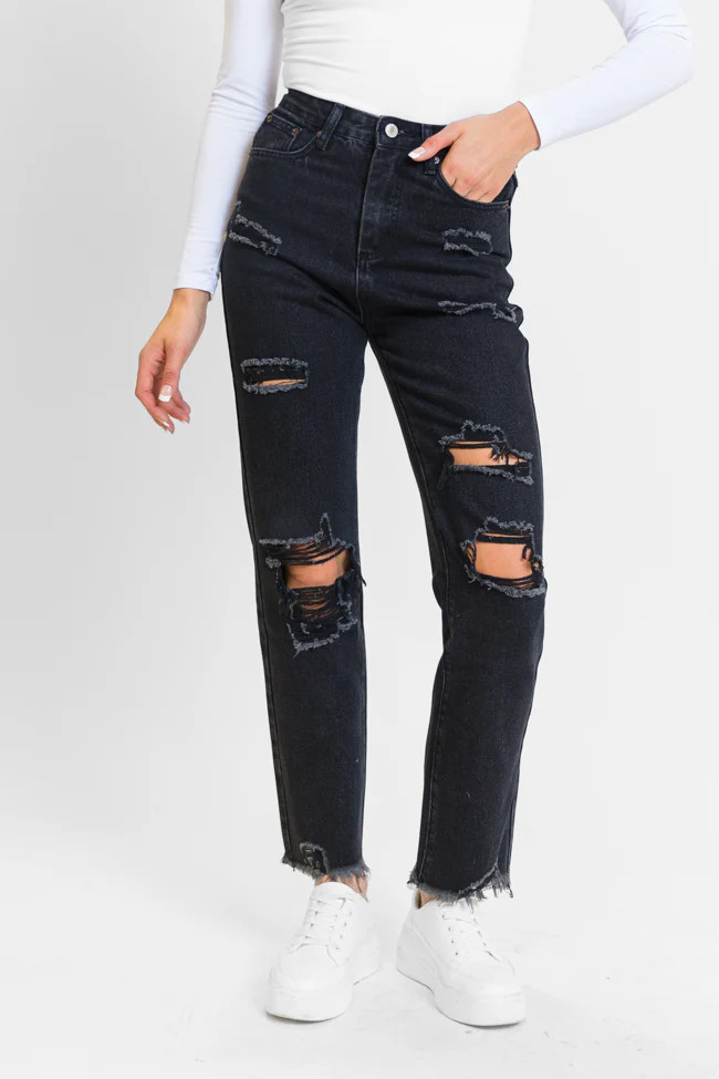 Megan Black Wash Distressed Straight Leg Tall Mom Jeans SALE | Pink Lily