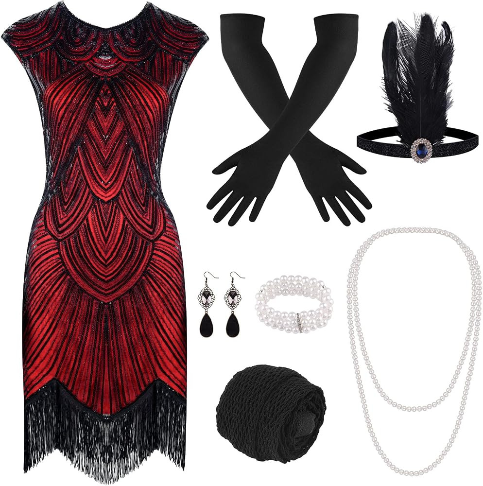 PLULON 1920s Dresses for Women, Sequin Fringed Gatsby Flapper Cocktail Dresses with 20s Accessori... | Amazon (US)