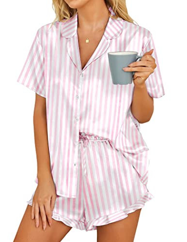 HOTOUCH Womens Silk Satin Set Two-Piece Button Down Short Sleeve Sleepwear Pajamas Hot Pink Striped, XX-Large | Amazon (US)