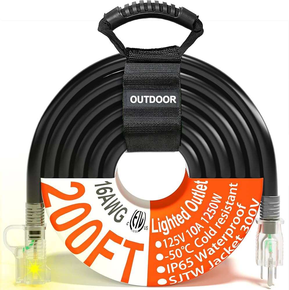 HUANCHAIN 16/3 Gauge 200 ft Black Outdoor Extension Cord Waterproof with Lighted end, Flexible Co... | Amazon (US)