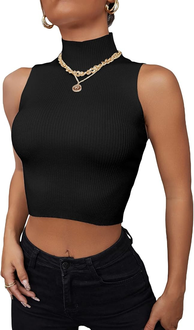 Verdusa Women's Sleeveless High Mock Neck Ribbed Fitted Solid Crop Tank Top | Amazon (US)