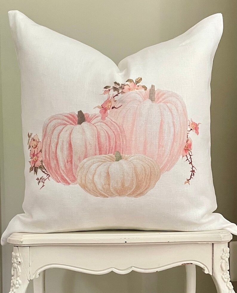 Pink Pumpkins Linen Pillow Cover, Fall Farmhouse Sofa Pillow, Shabby Cottage Chic Autumn Decor. | Etsy (US)