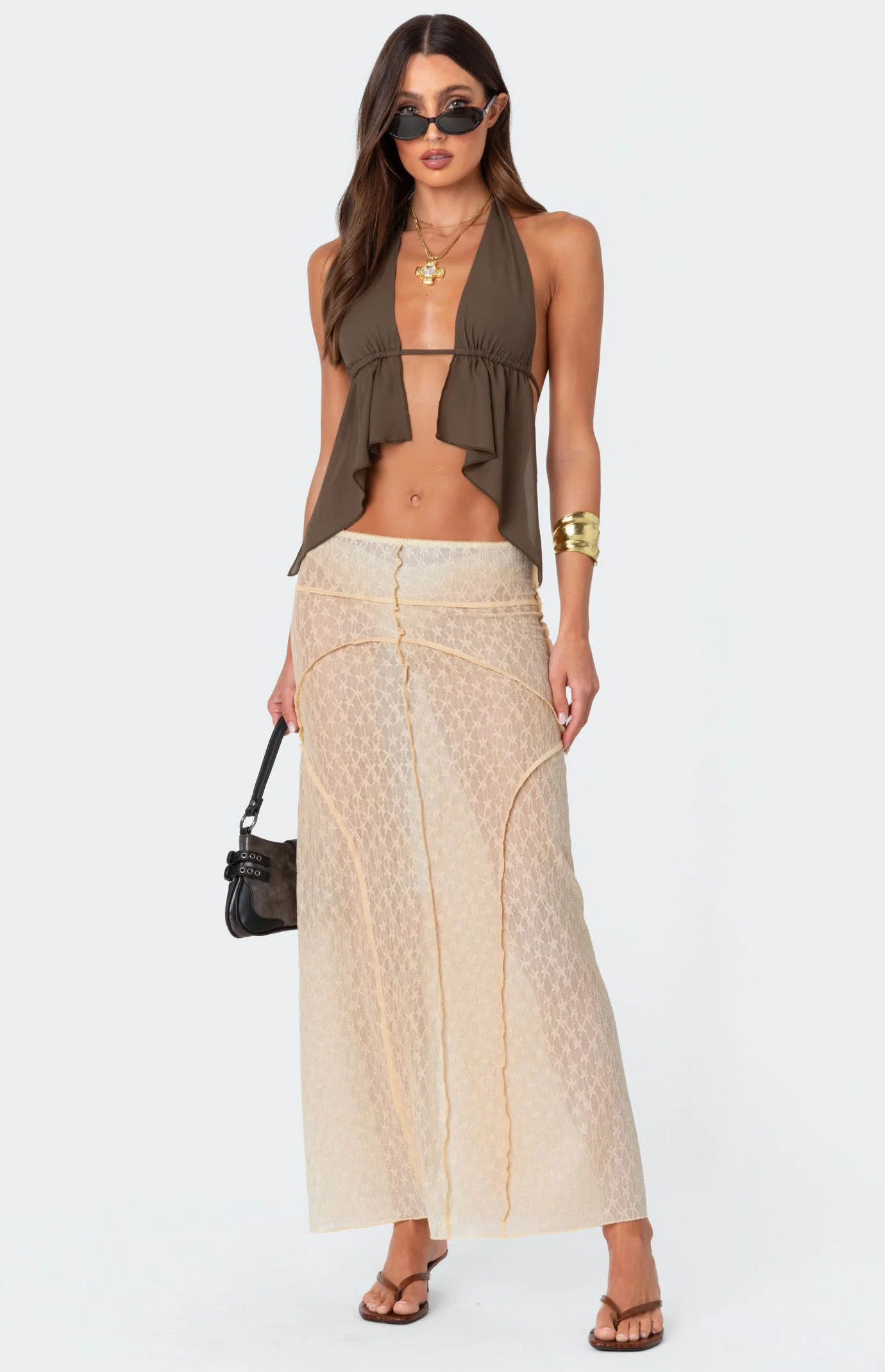 Edikted Women's Inside Out Sheer Lace Maxi Skirt in Beige - Size XS | PacSun