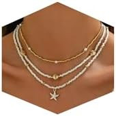 Shell Starfish Necklace for Women, 14k Gold Plated Boho Layered Beaded Charm Pendant Necklace, Da... | Amazon (US)