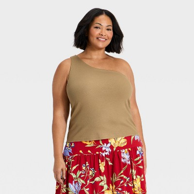 Women's One Shoulder Rib Knit Tank Top - A New Day™ Tan 1X | Target
