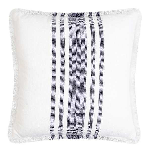 Blue & White Yarn Dyed Woven Pillow with Fringe, 18" | At Home