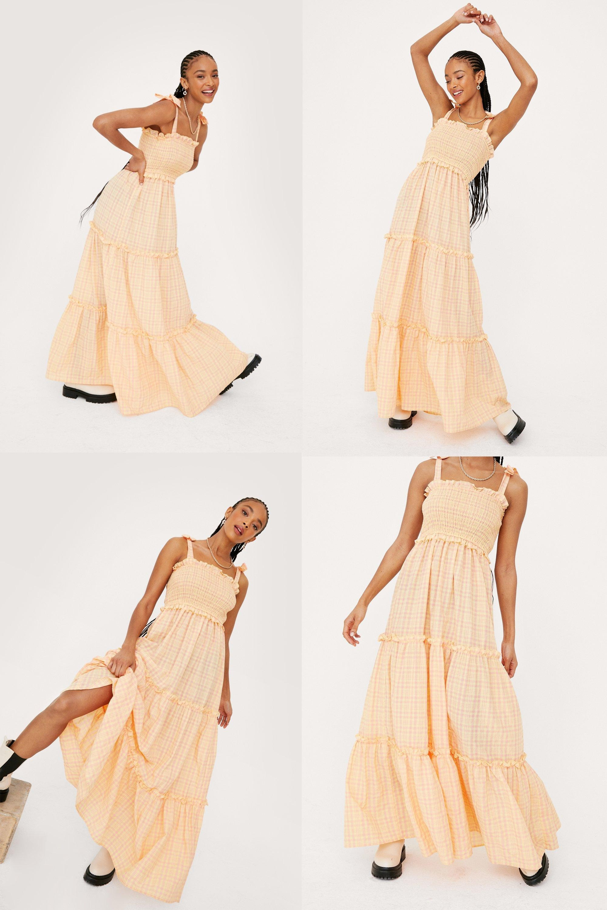 Shirred Woven Check Tiered Maxi Dress | Nasty Gal (US)
