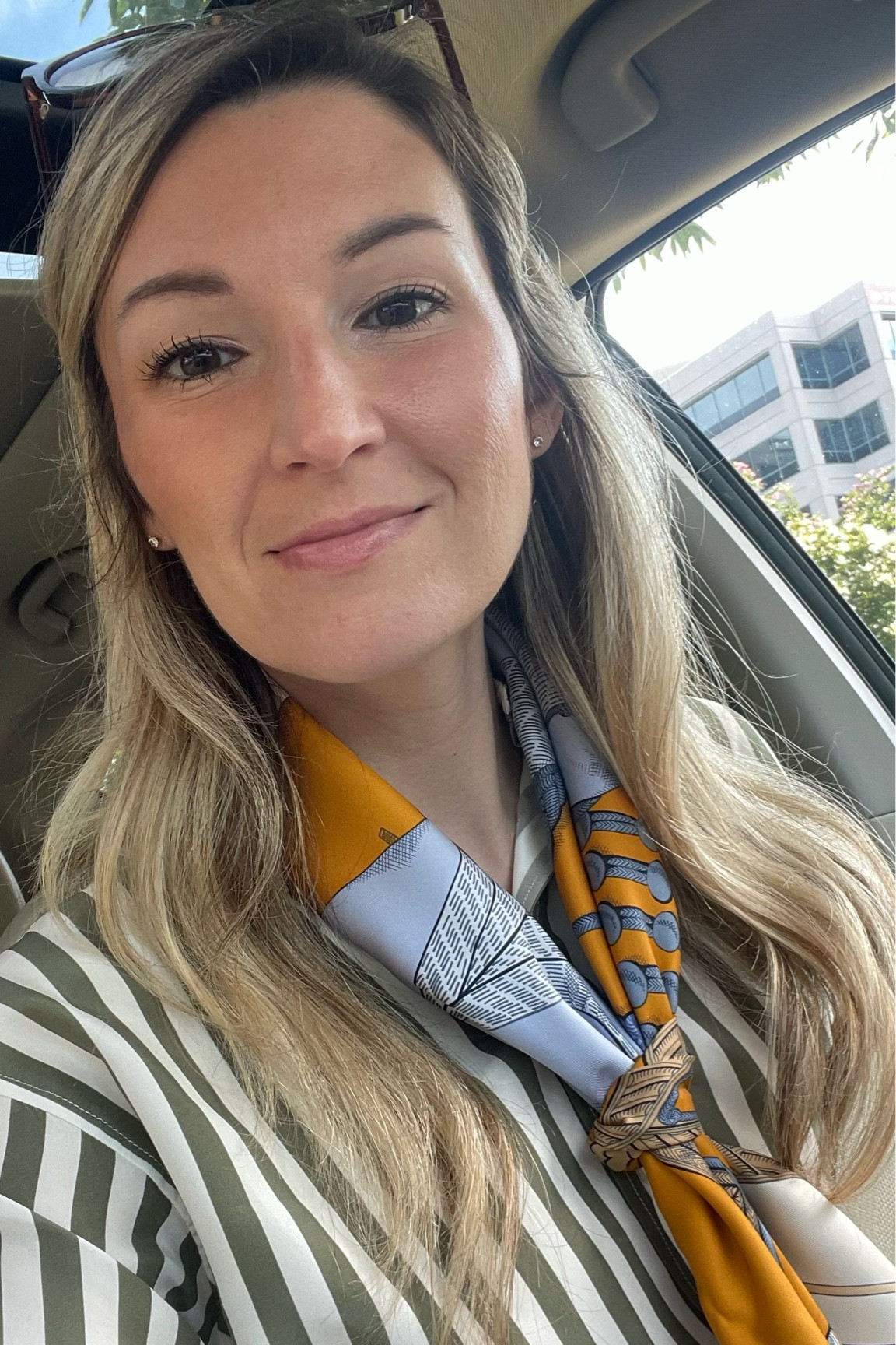 This striped silk blouse is a perfect transitional piece and feels substantial - a win for silks since they can feel so overly delicate and difficult to wear sometimes. Linking a few similar Hermès scarves that give a modern pop to it. Key here is to infuse bright orange or other bold colors - too muted and the look is dated. Cheers! 

#transitional #falloutfit #fallworkwear #workwear 

#LTKworkwear #LTKFind #LTKSeasonal