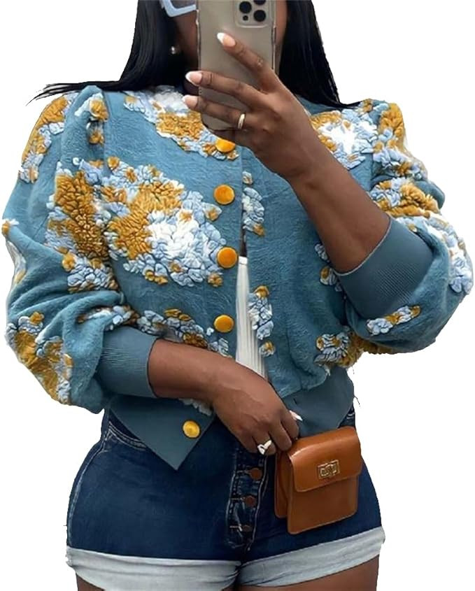 HOULENGS Women's Cropped Floral Print Fleece Bomber Jacket Casual Puff Sleeve Button Down Coats W... | Amazon (US)