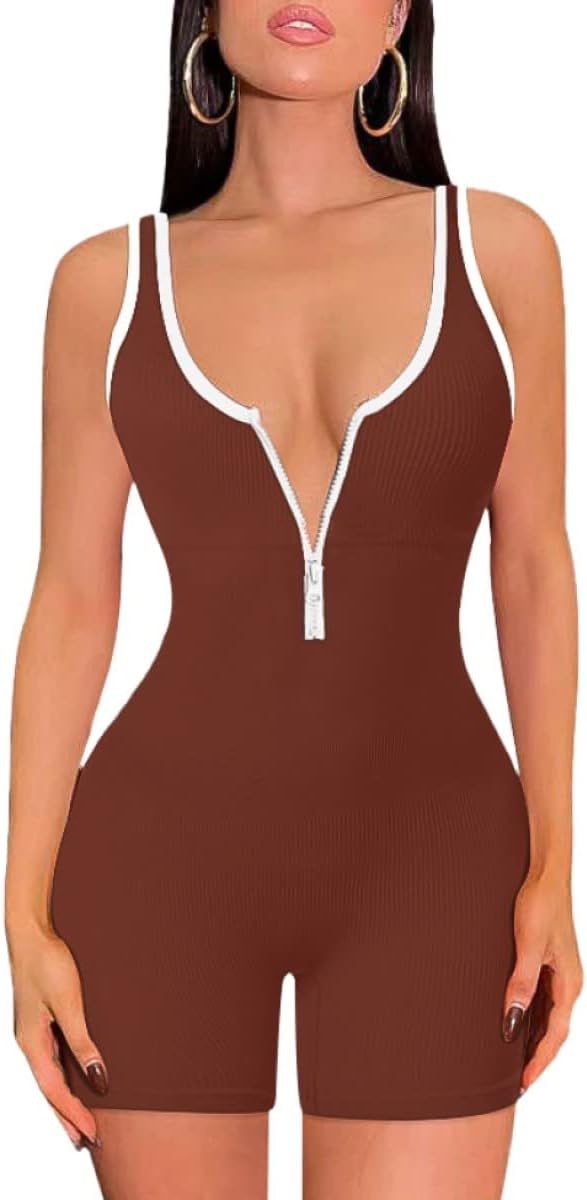OLCHEE Womens Yoga Jumpsuits Workout Rompers Seamless Ribbed Backless Square Neck Tank Bodysuit B... | Amazon (US)