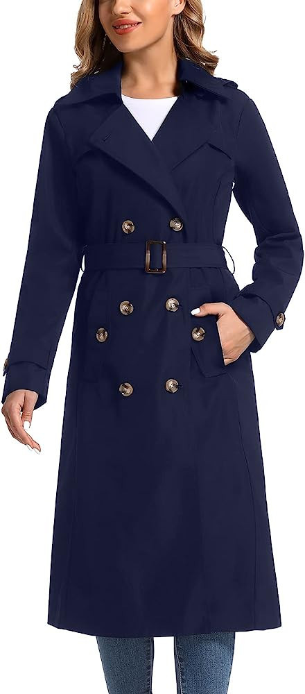 poonyfesh Women's Windproof Waterproof Long Trench Coat Classic Double Breasted Lapel Belt Coat W... | Amazon (US)