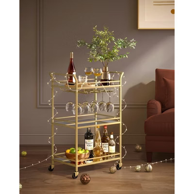Bar Cart, Home Bar Serving Cart, Small Bar Cart with 3-Tier Shelf, Wine Holders, Glass Holders, Bar Cart, 15 x 23.6 x 36.2 Inches, Gold | Target