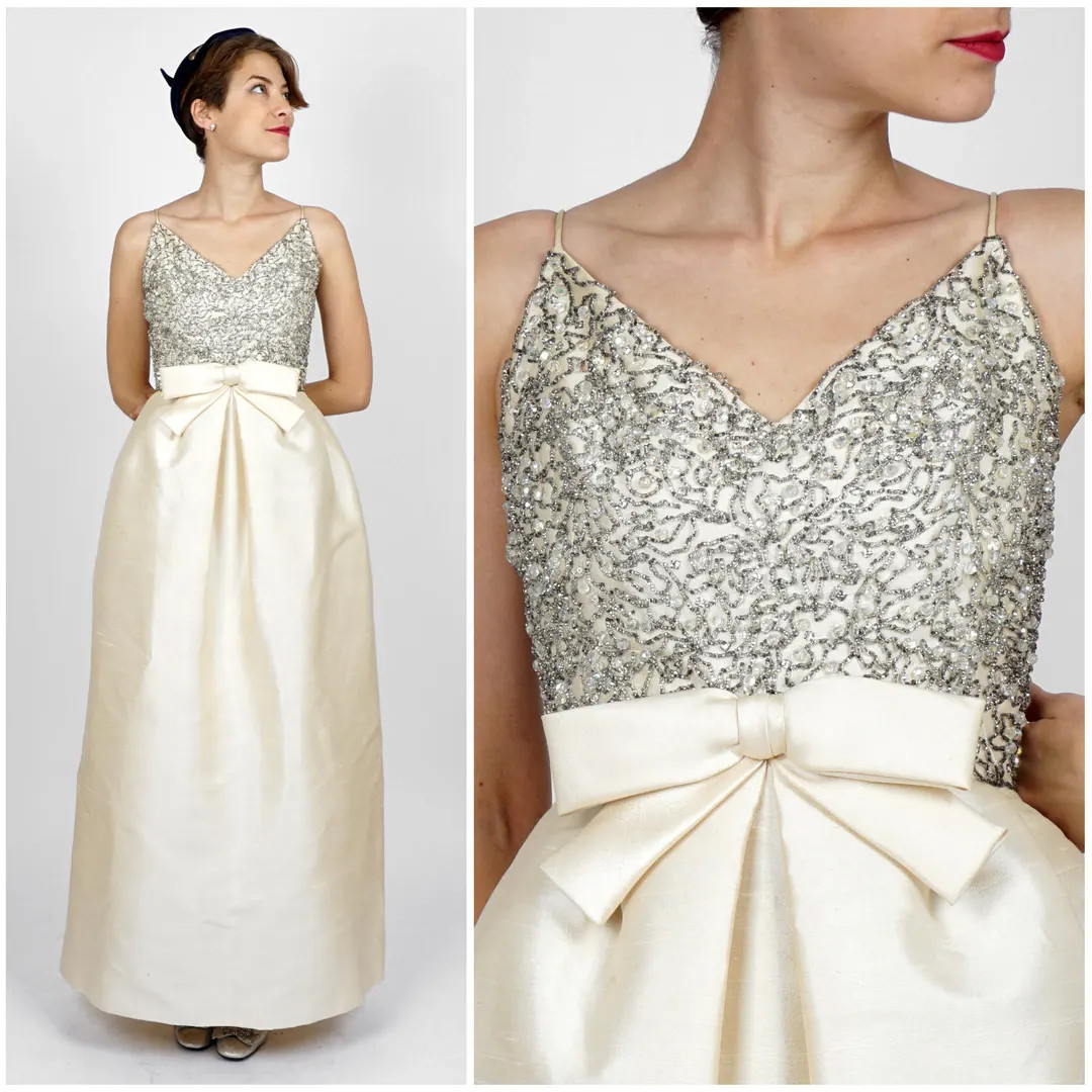 Gorgeous Vintage 60s Ivory White Silk Floor-length Maxi Dress With Silver Beaded Bodice and Bow b... | Etsy (US)