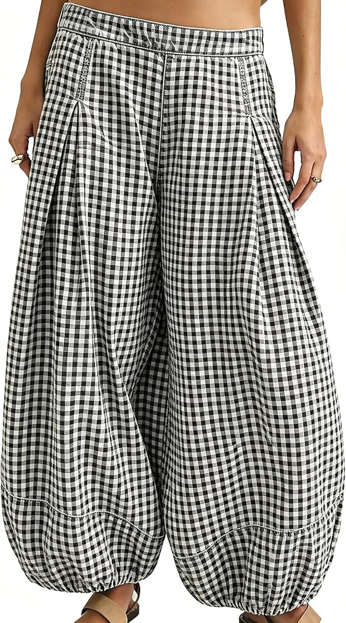 Women Gingham Ballon Pants Casual Barrel Pant Baggy Trousers | Amazon (US)