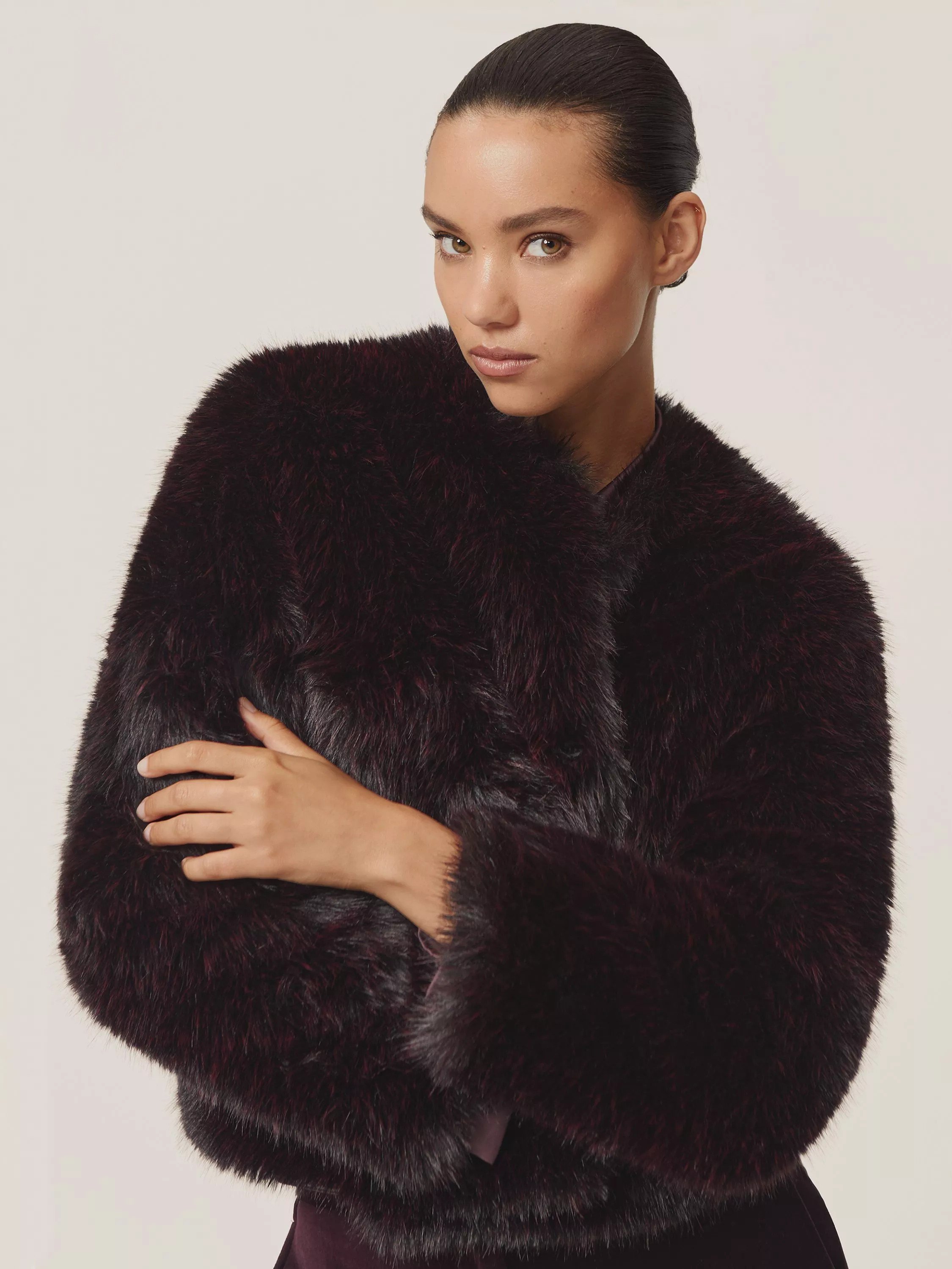 Reiss Marco Short Faux Fur Jacket, Burgundy | John Lewis (UK)