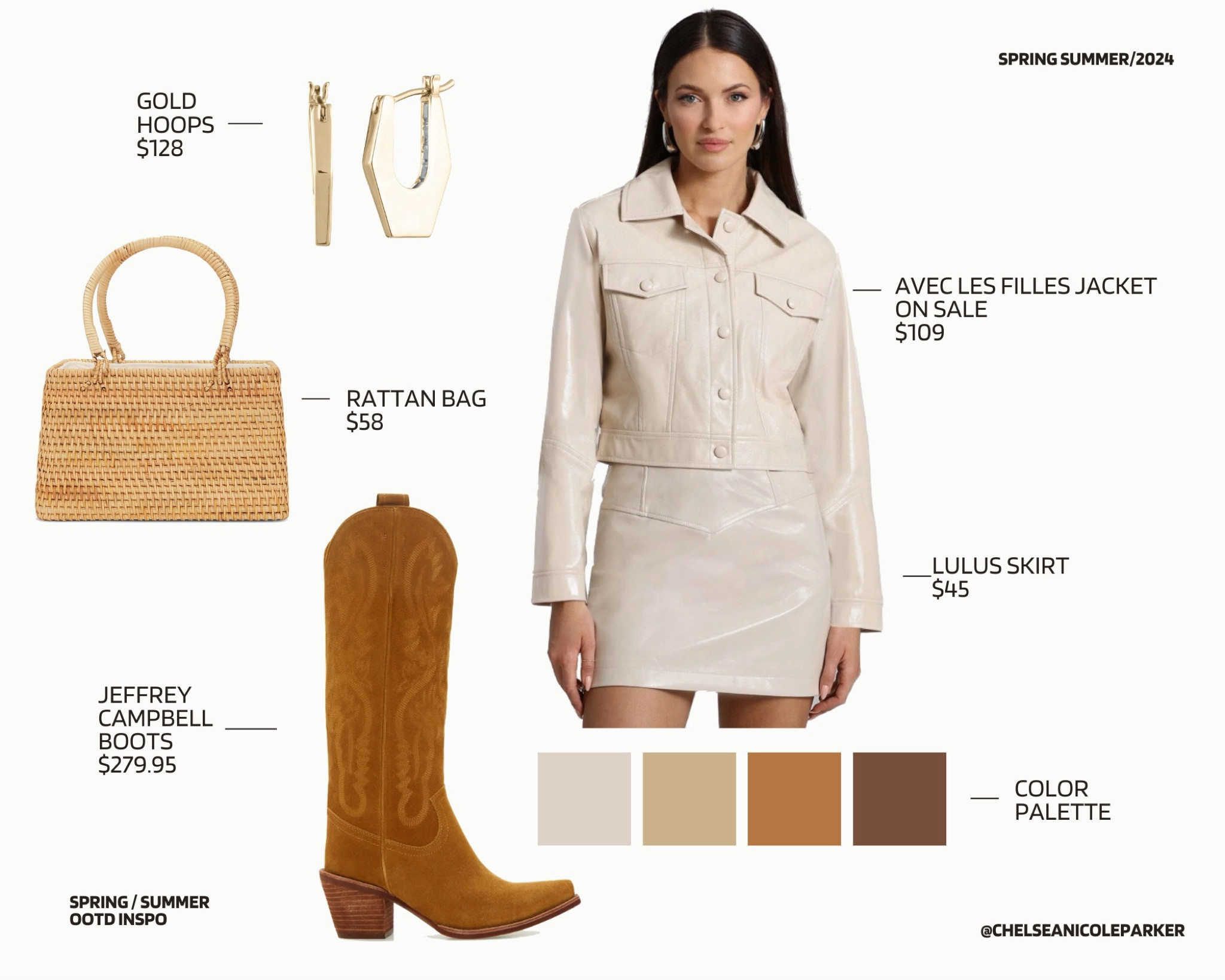 Avec Les Filled Faux Leather Tan Jacket + Lulus Faux Leather Tan Mini Skirt + Gold Octagonal Hoops Earrings + Revolve Rattan Square Handbag + Jeffrey Campbell Knee High Western OTK Tall Suede Brown Cowboy Boots - Country Concert / Music Festival / Trendy Spring

#LTKfindsunder50 #LTKfindsunder100 #LTKsalealert