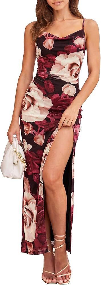 BTFBM Summer Dresses for Women 2026 Bodycon Spaghetti Strap Floral High Split Maxi Cocktail Weddi... | Amazon (US)