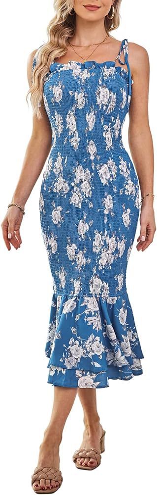 GRACE KARIN Women's 2024 Summer Floral Smocked Sundress Midi Bodycon Sleeveless Ruffle Hem Casual... | Amazon (US)