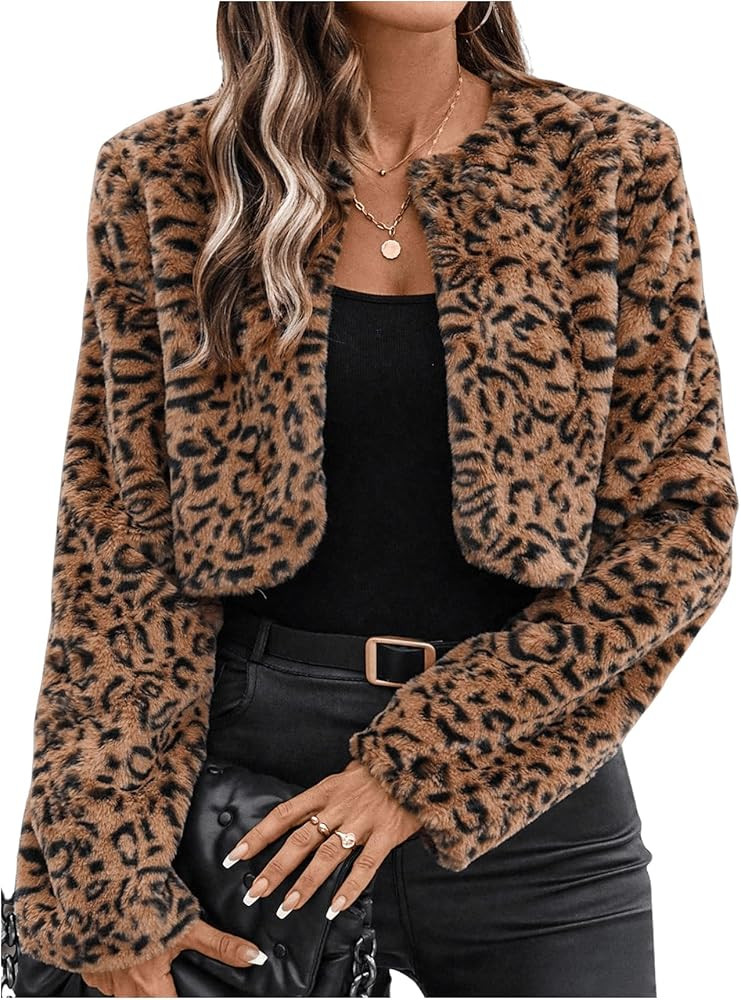 Verdusa Women's Faux Fur Cropped Jacket Solid Open Front Long Sleeve Outerwear Flannel Fuzzy Crop... | Amazon (US)