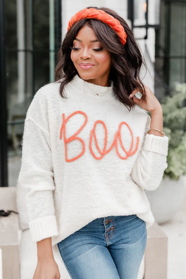 Boo Tencel Ivory Embroidered Sweater | Pink Lily