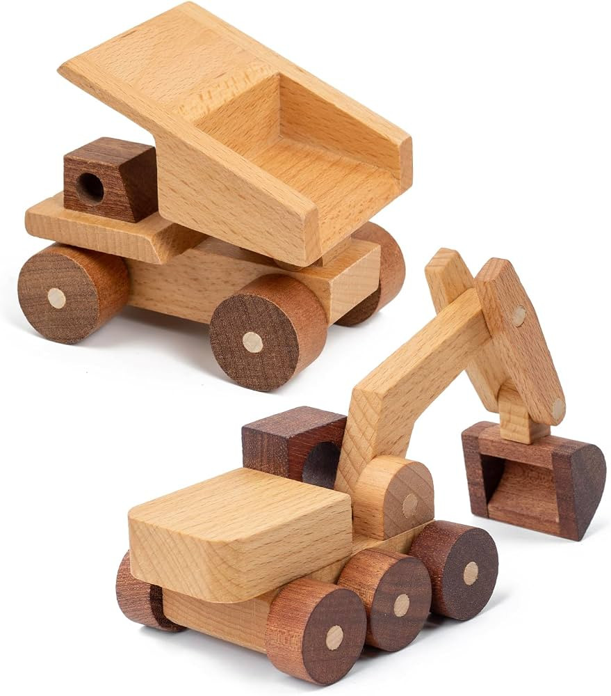 Wooden Toy Cars for 3 Year Old Boys & Girls - Construction Vehicles Set Push Toys for Toddlers, W... | Amazon (US)