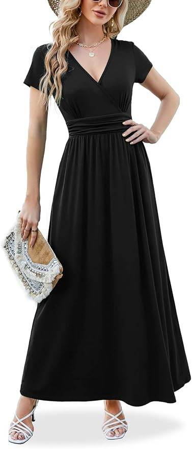 ANRILITA Maxi Dress for Women 2026 Wrap V Neck Short Sleeve Empire Waist Summer Casual Elegant Fl... | Amazon (US)