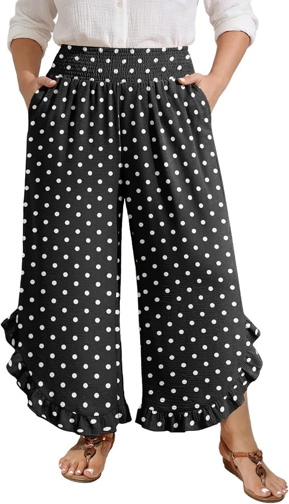 Feiersi Womens Plus Size Wide Leg Pants High Waisted Palazzo Cropped Pants Summer Flowy Beach Lou... | Amazon (US)