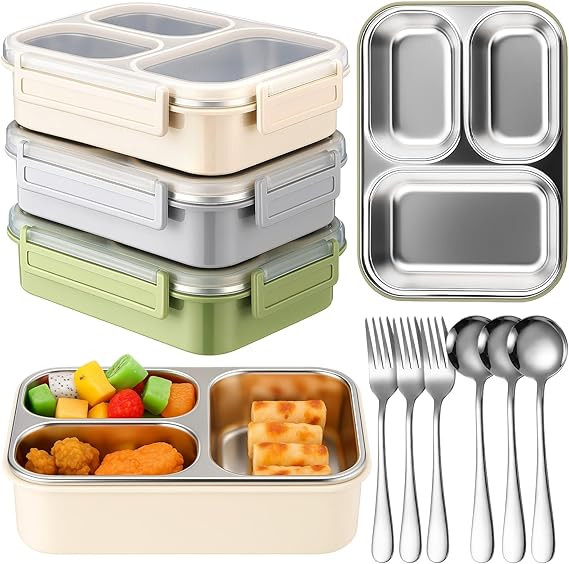 3 Pack Stainless Steel Lunch Box for Kids 25oz 3 Compartment Leak-proof Metal Bento Box with Lid ... | Amazon (US)