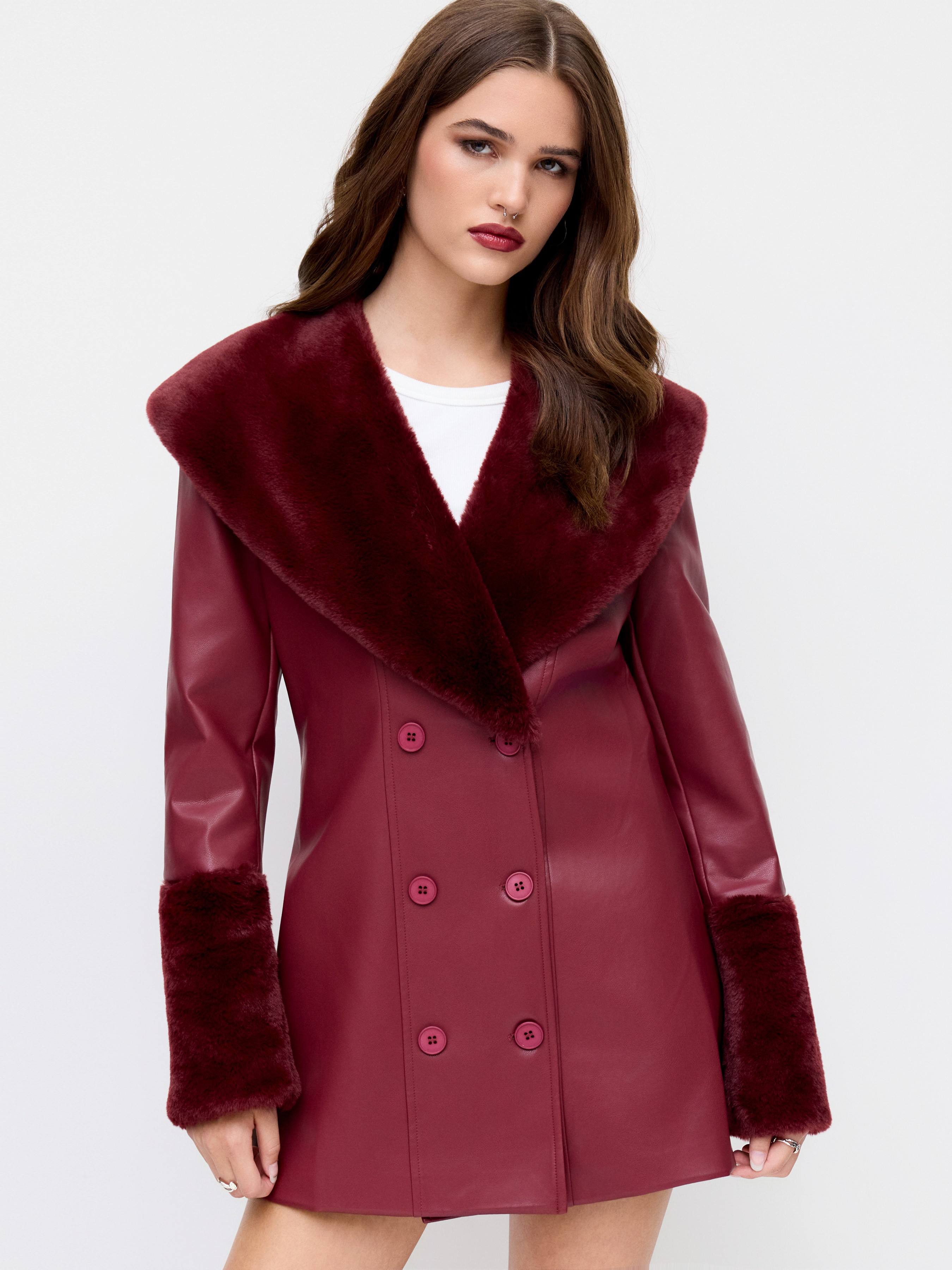 Faux Leather Faux Leather Double Breasted Jacket With Faux Fur Trim For Daily Casual | Cider
