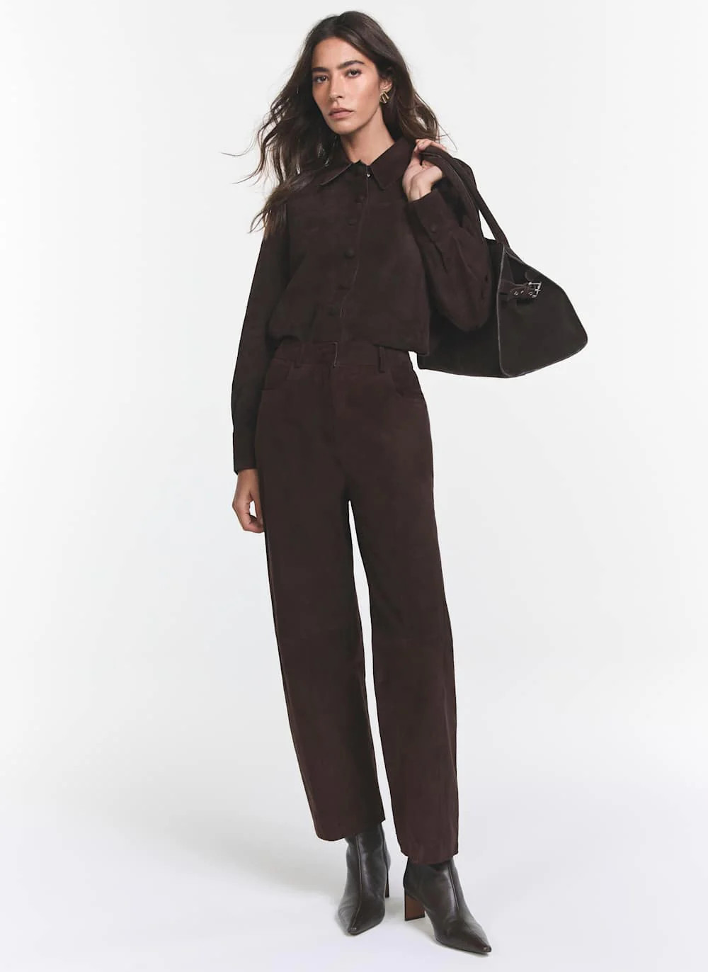 Brown Suede Barrel Leg Trousers | Mint Velvet
