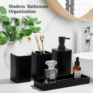 4 Piece Resin Bathroom Sink Accessory Set Matte Black with Soap Dispenser Toothbrush Holder Tray Tumbler Decor | The Home Depot