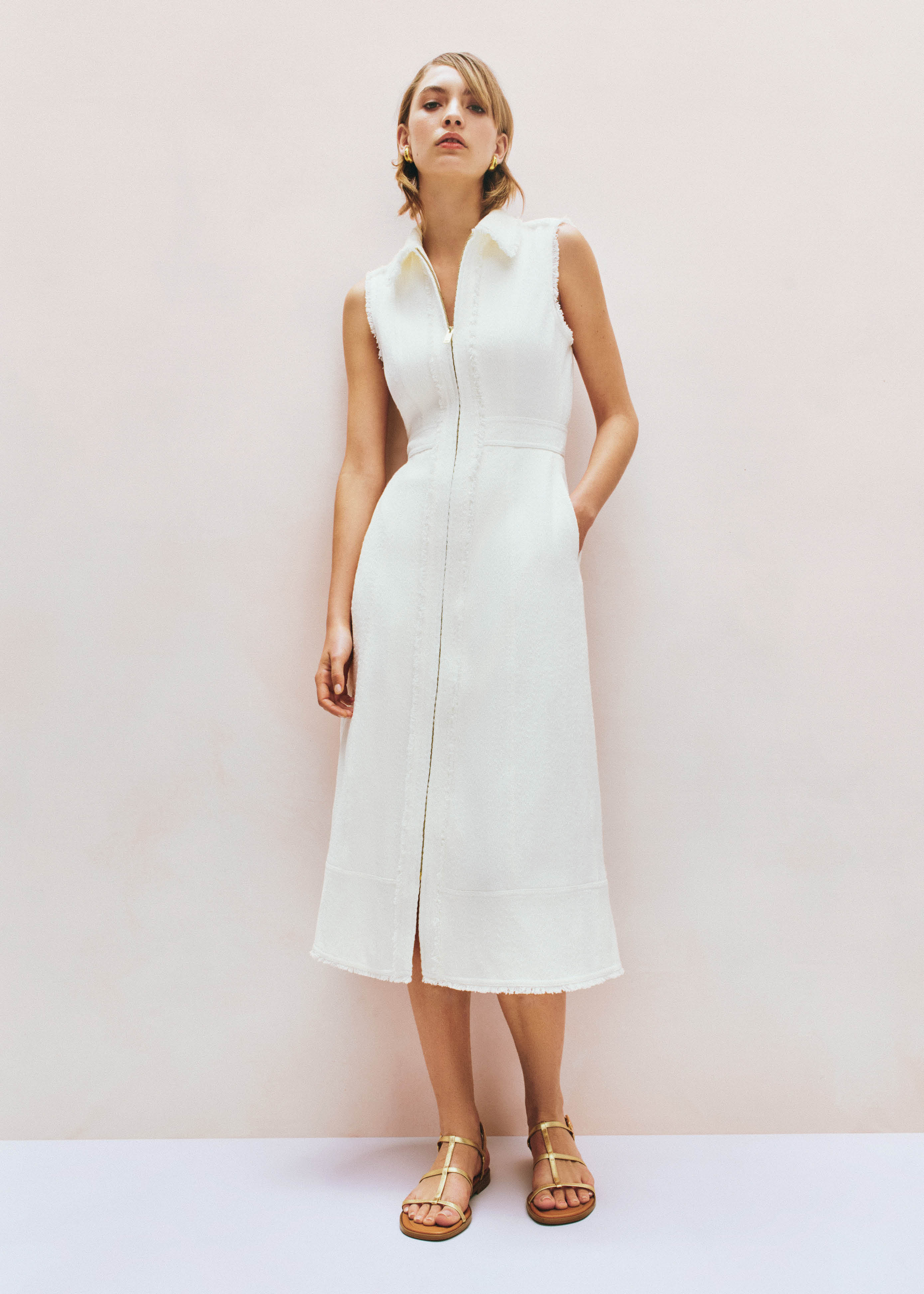 Women's Cream Tweed Zip Front Midi Dress | ME+EM | ME+EM Global (Excluding US)