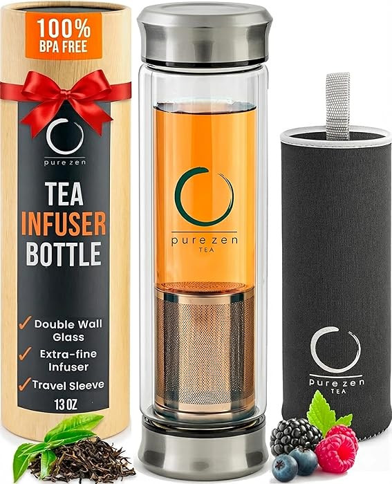 Pure Zen Tea Tumbler with Infuser - Double Wall Glass Travel Mug with Stainless Steel Filter - Le... | Amazon (US)