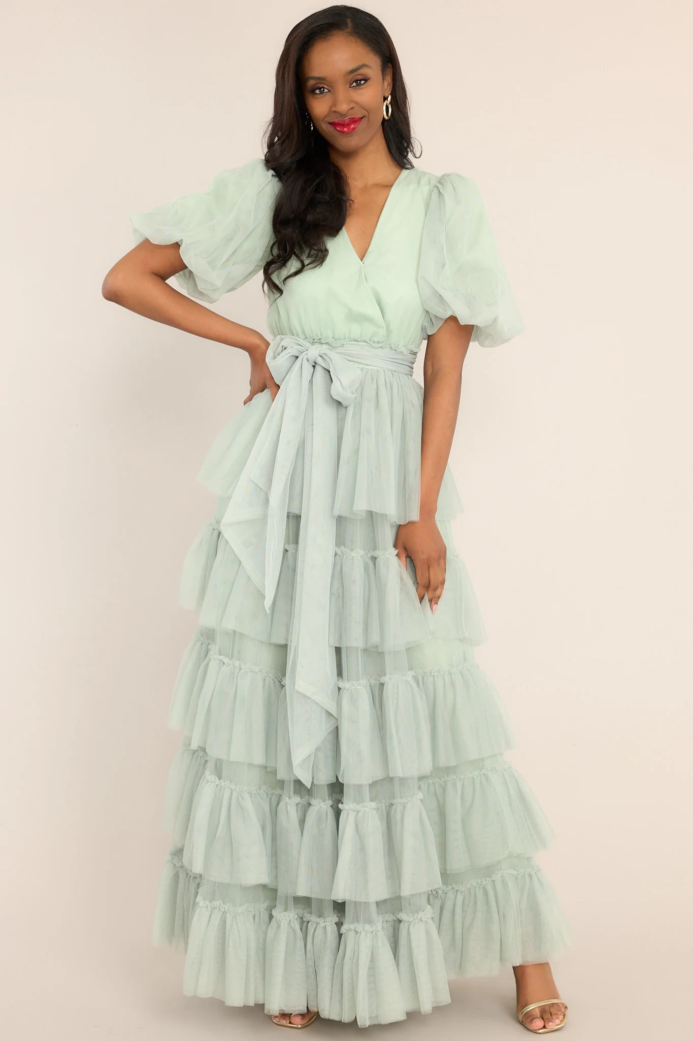 A Beautiful Feeling Seafoam Tiered Tulle Maxi Dress | Red Dress