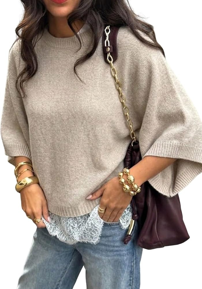 ZAFUL Womens Short Batwing Sleeve Sweaters Lace Knit Pullover Top Fall | Amazon (US)