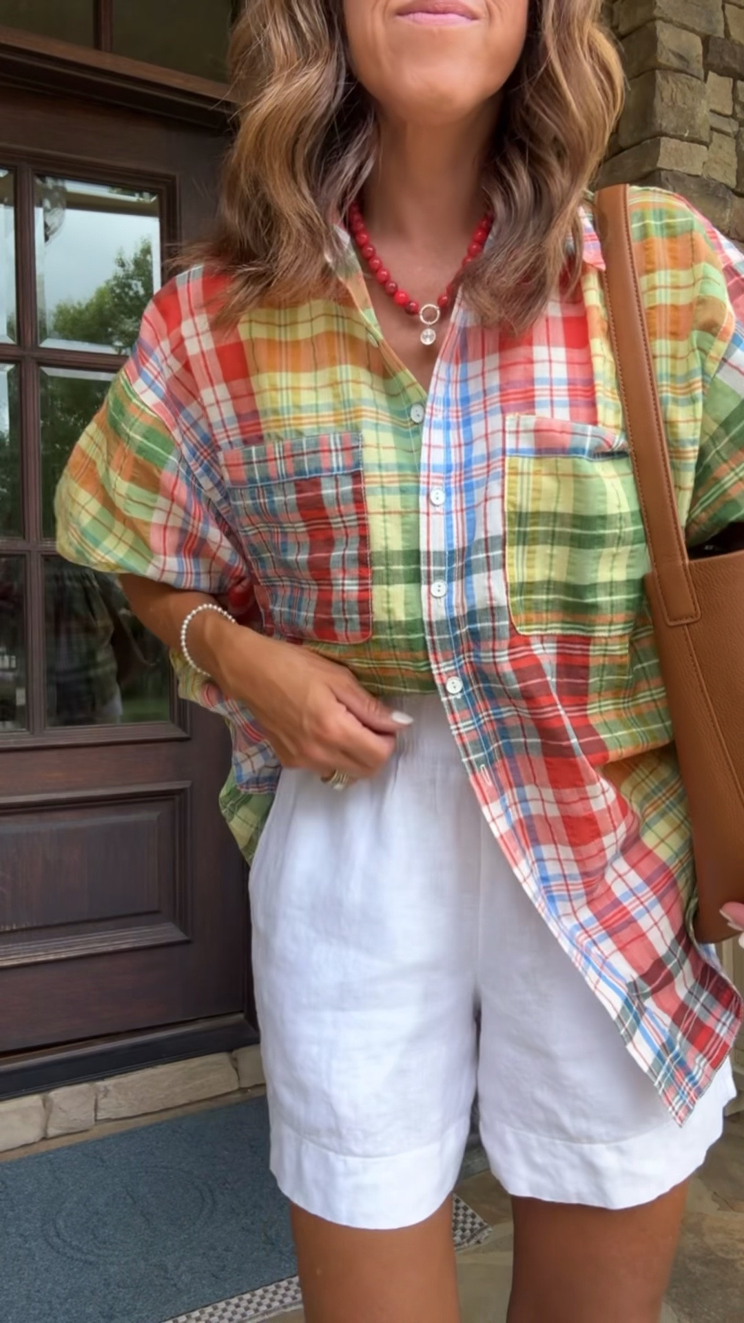 Outfit of the day. Oversized plaid blouse. Summer plaid. White linen shorts.
Top XS (oversized). Shorts XS.

#LTKootd #LTKSeasonal #LTKOver40