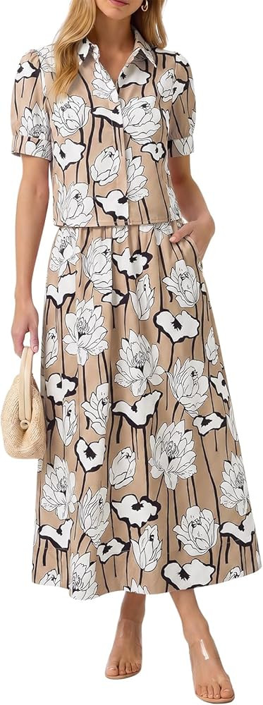 Tankaneo Womens 2 Piece Floral Skirt Sets Puff Sleeve Blouse and Elastic Waist Matching Set Vacat... | Amazon (US)