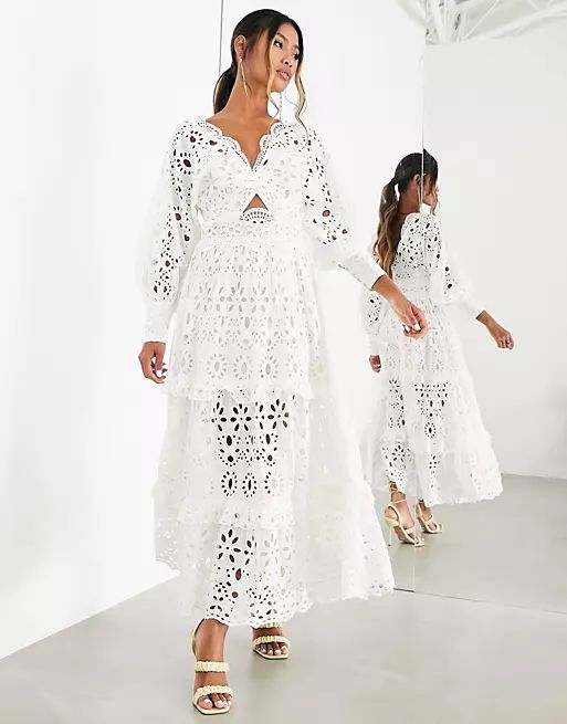 ASOS EDITION v neck eyelet midi dress with puff sleeve in white | ASOS (Global)