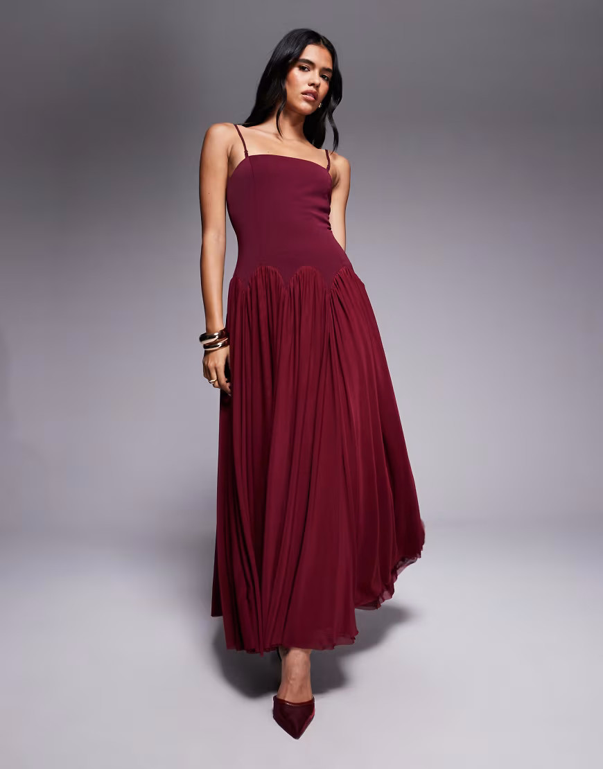 Rare London cami scallop drop waist pleated maxi dress in burgundy-Red | ASOS (Global)