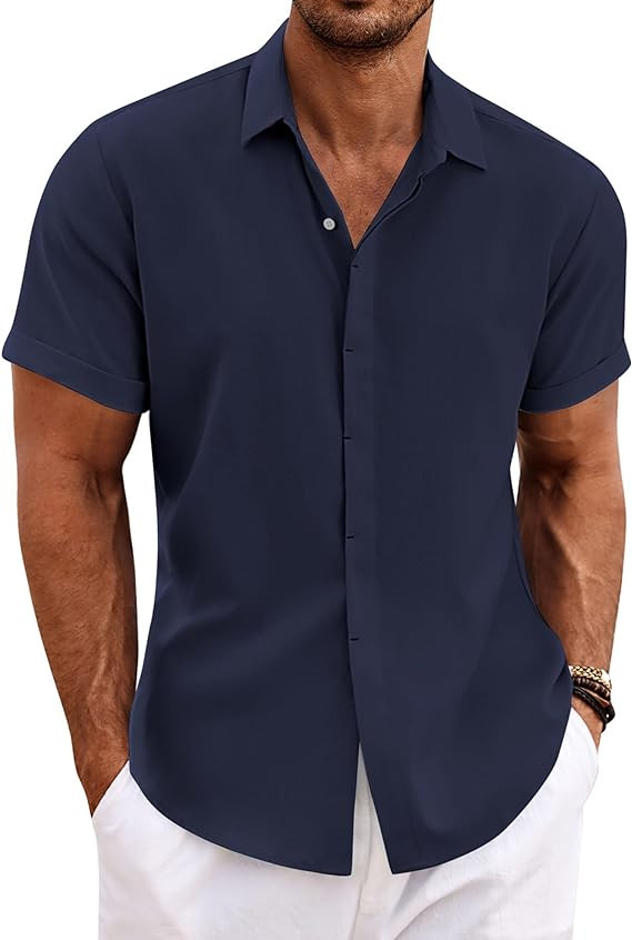 COOFANDY Men's Linen Shirts Short Sleeve Casual Shirts Button Down Shirt for Men Beach Summer Wed... | Amazon (US)