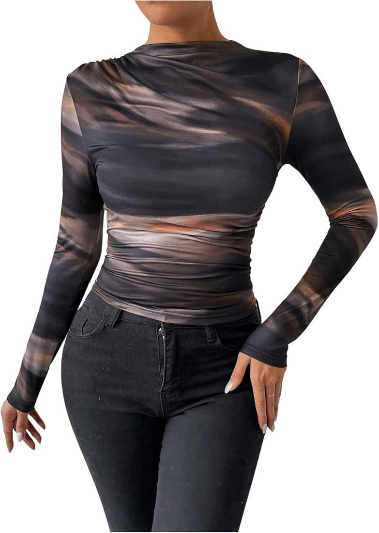 Floerns Women's Tie Dye Long Sleeve T Shirts Ruched Mock Neck Knitted Tee Tops | Amazon (US)