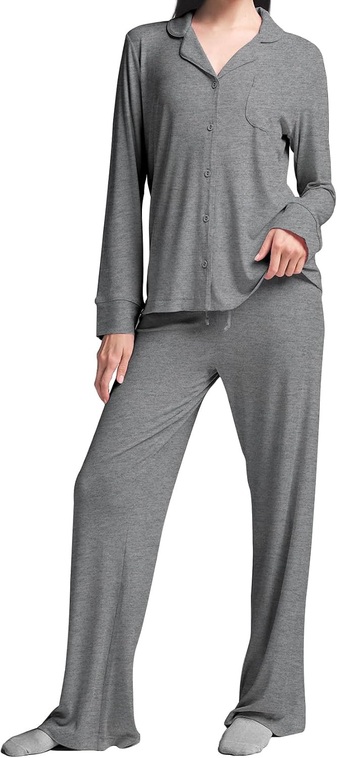 Womens Pajama Sets 2 Piece Button Down Long Sleeve Soft Knitted Sleepwear Pjs Lounge Sets Nightwear | Amazon (US)
