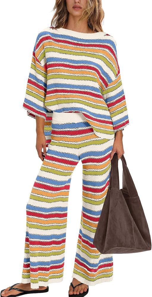 ReachMe Womens Oversized Striped 2 Piece Set Sweater and Wide Leg Pants with Pockets Pajama Loung... | Amazon (US)