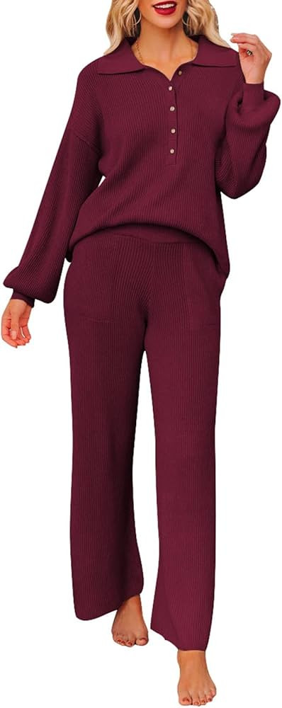 Pink Queen Women's 2 Piece Outfit Sweater Set Long Sleeve Button Knit Pullover Top Wide Leg Pants... | Amazon (US)